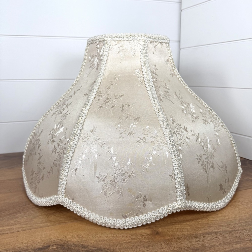 Victorian Ivory Large Damask Brocade Fabric Lamp Shade Bell Scalloped *Flaws*